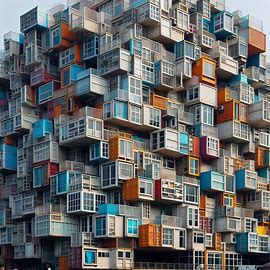 A building facade made of random container like elements that are piled. Image 2 de 4